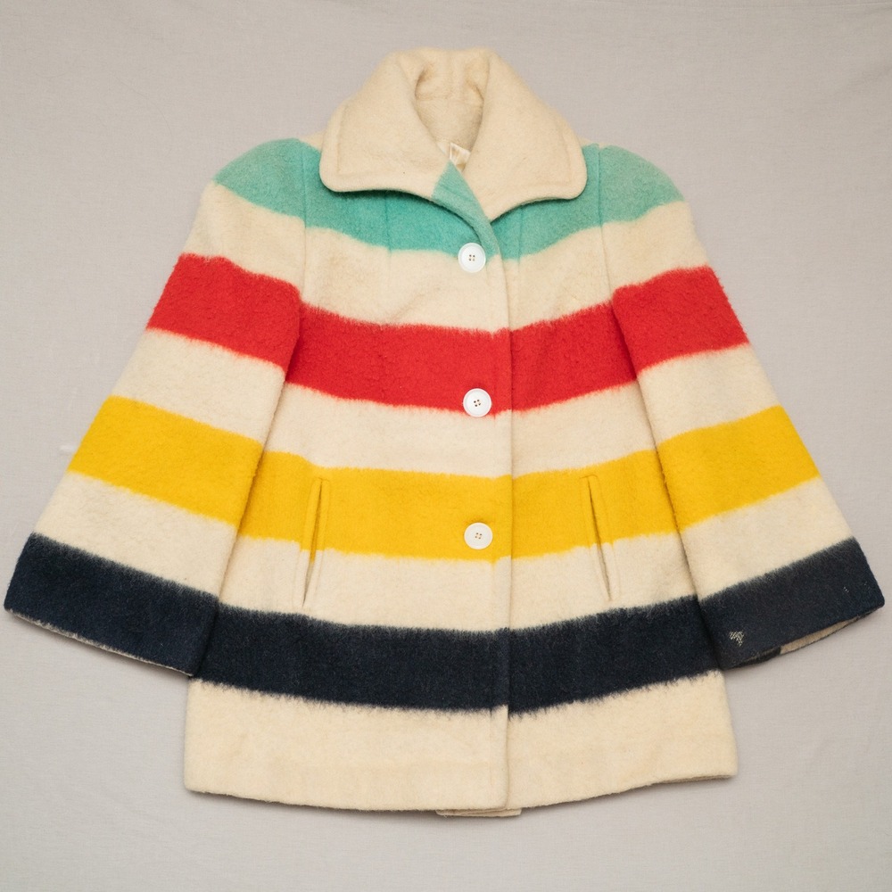 Vintage 50s Hudson Bay Point Blanket Button Up Striped Jacket Coat Adult L 1950s